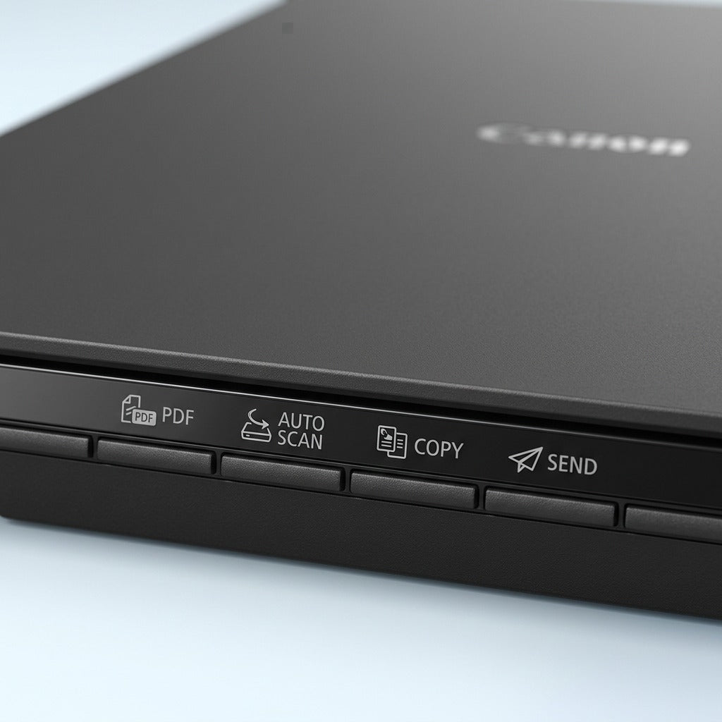Detailed close-up of the Canon CanoScan LiDE 300 control panel, showing four buttons with clear icons and text: PDF, AUTO SCAN, COPY, SEND. The grey matte plastic texture is visible.