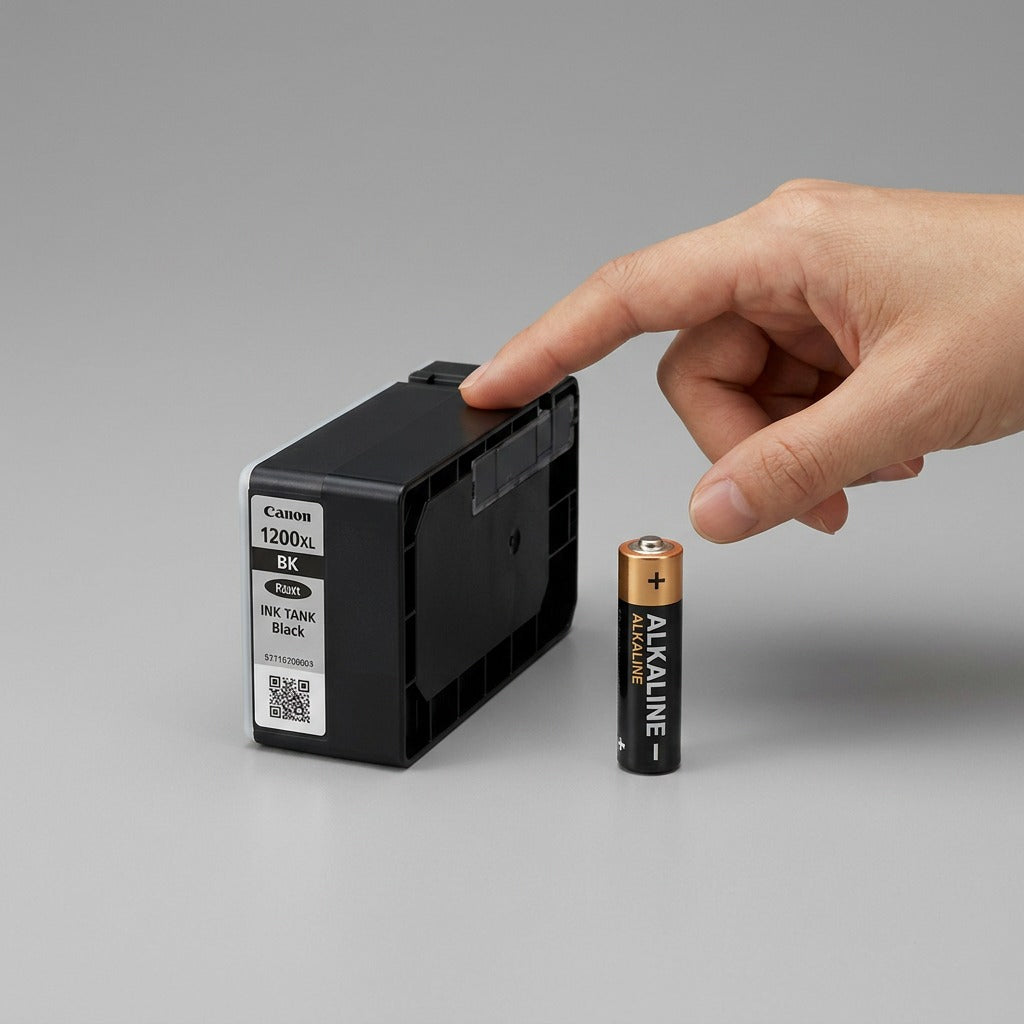 A physical Canon PGI-1200XL Black ink tank shown next to a standard AA battery for scale.