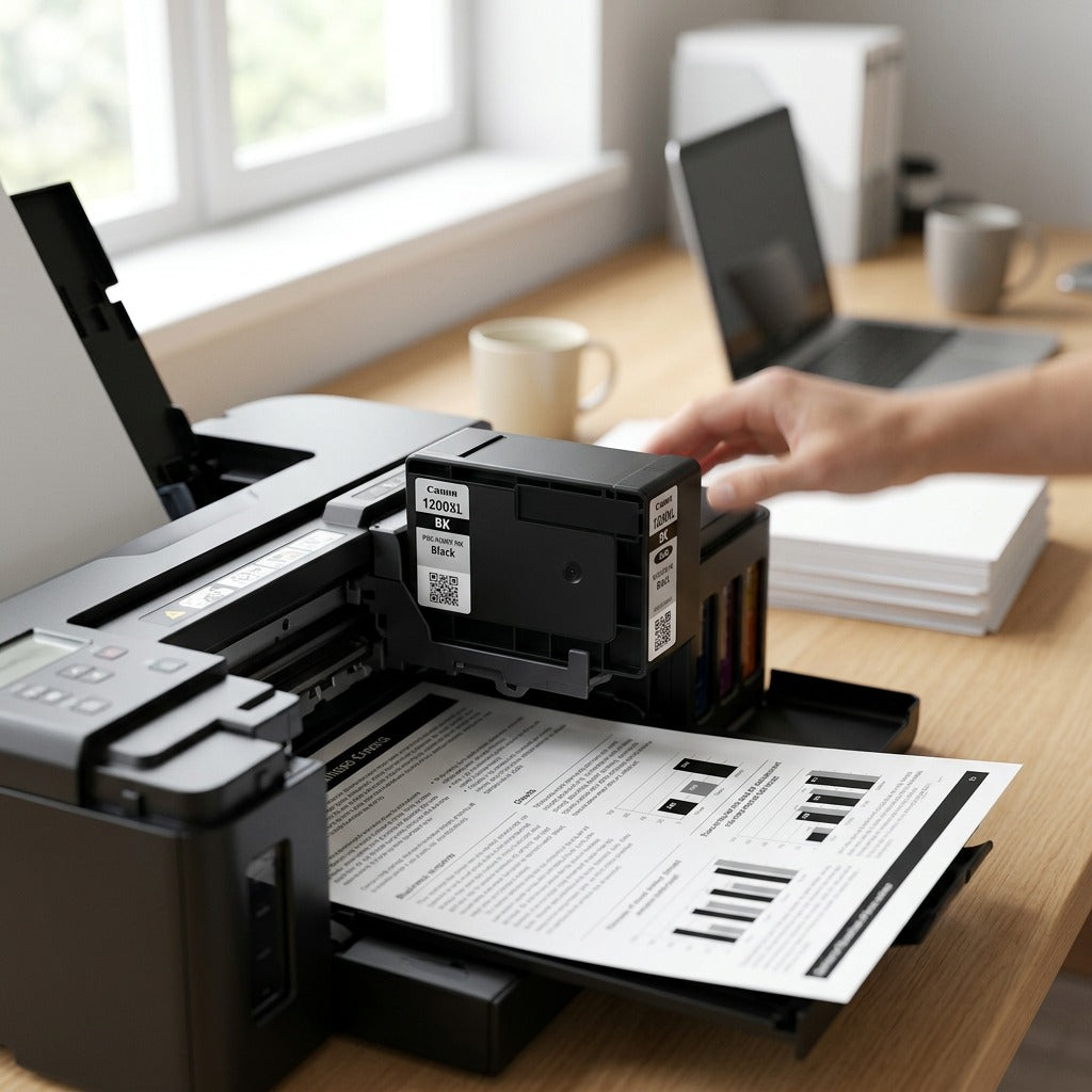 A hand-held view of the specific Canon PGI-1200XL Black Ink Tank being loaded into a MAXIFY printer.