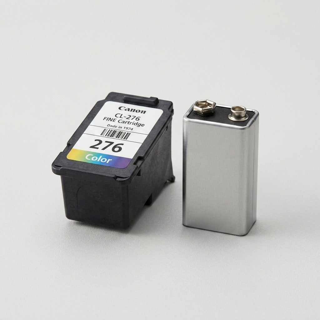 A photographic scale reference of Canon CL-276 color ink cartridge beside a 9-volt battery.
