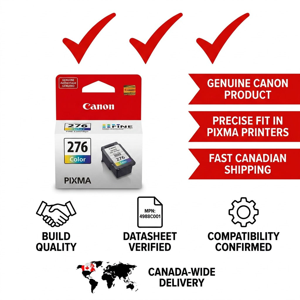 Trust infographic: Canon CL-276 color cartridge with icons for fit, quality, and fast Canadian shipping.