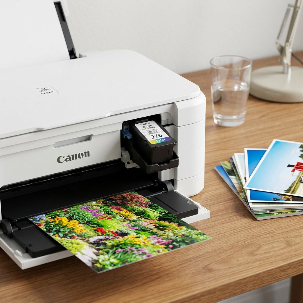 Alt Text: An installed Canon CL-276 Color cartridge and a vibrant, color-printed photo rest together on a desk.