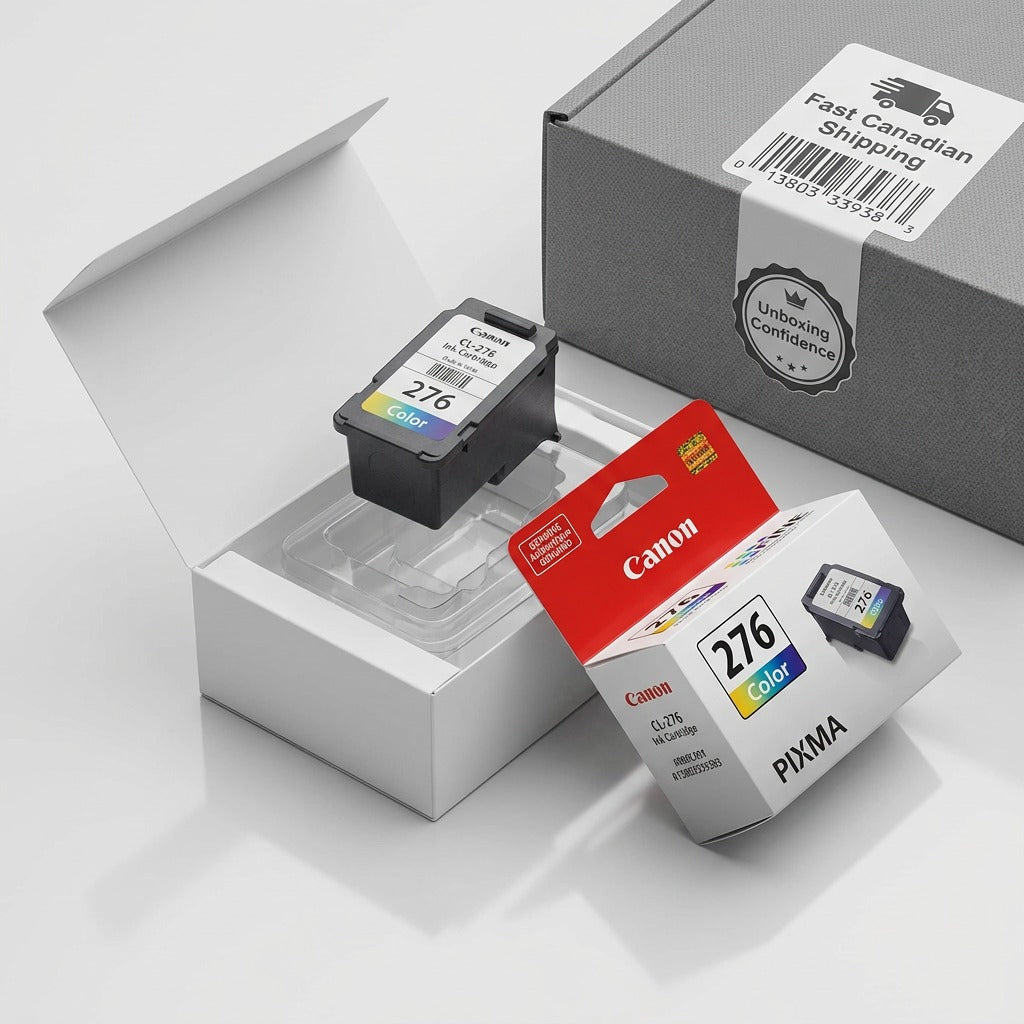 A Canon CL-276 color ink cartridge, accurate to image_0.png, is safely unboxed from its protective inner lining.