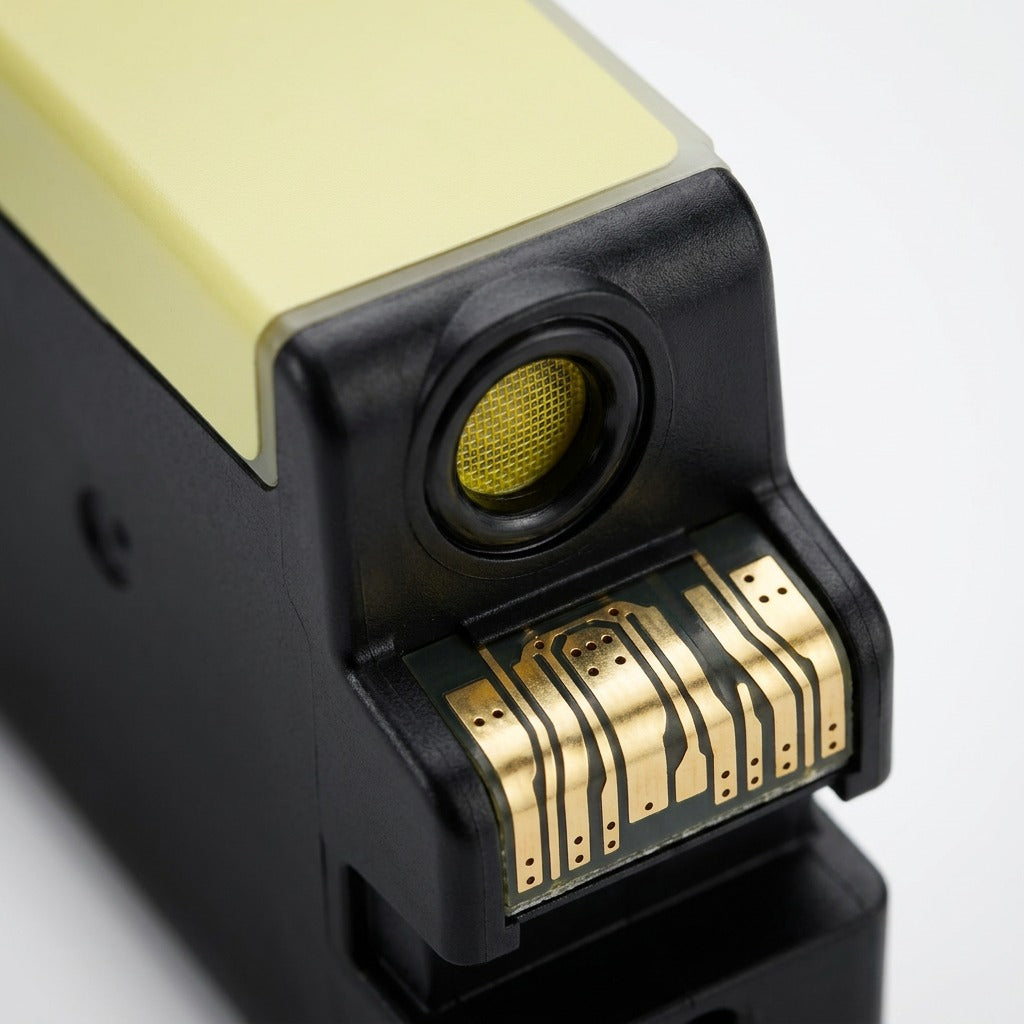 Extreme close-up macro shot focusing on the ink outlet port and electrical contacts of a Canon PGI-1200XL yellow ink tank, showing fine filter mesh, yellow ink, and precise metal contact pads in clear detail.
