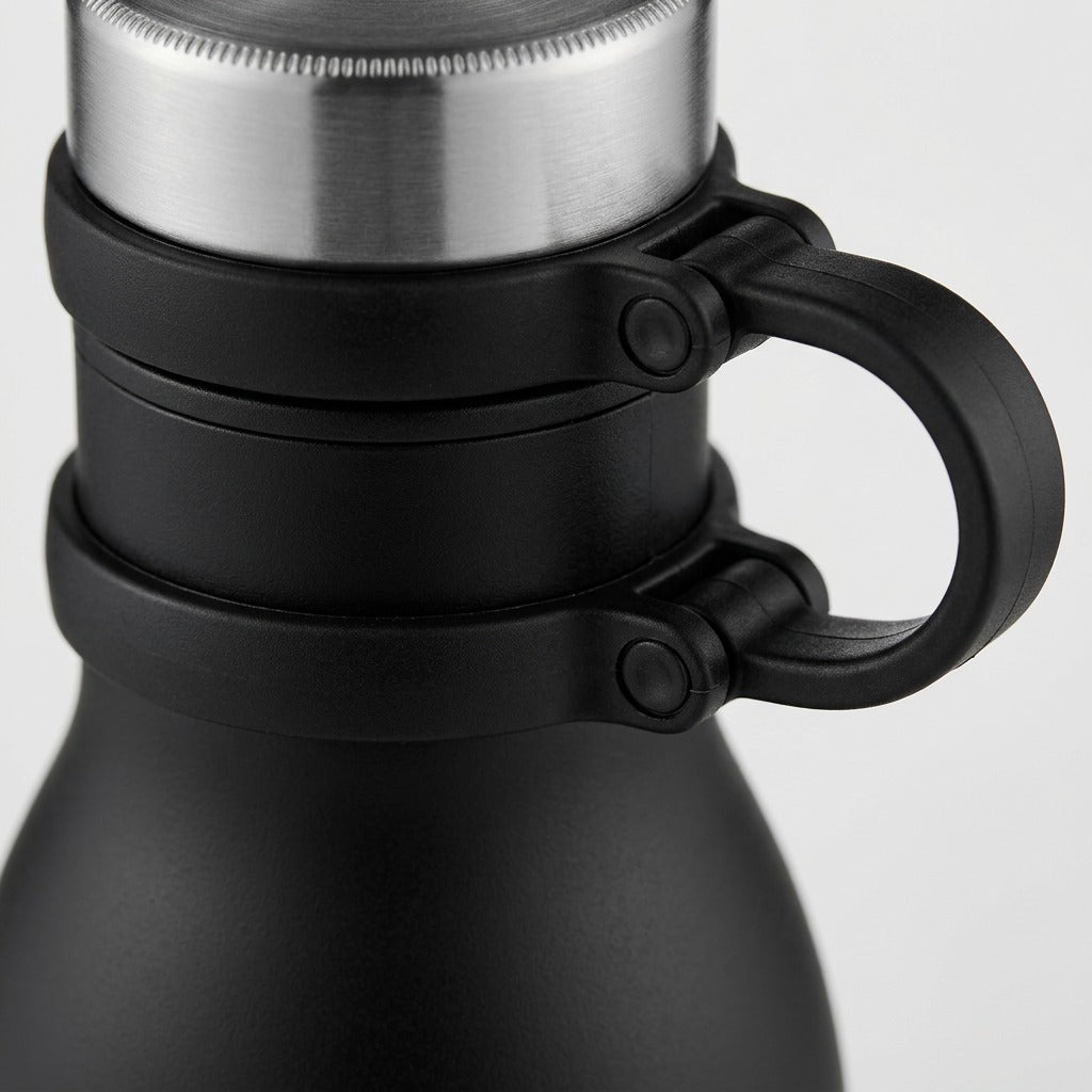 Macro detail of the Contigo Matterhorn bottle cap threads, steel finish, and black tether loop.