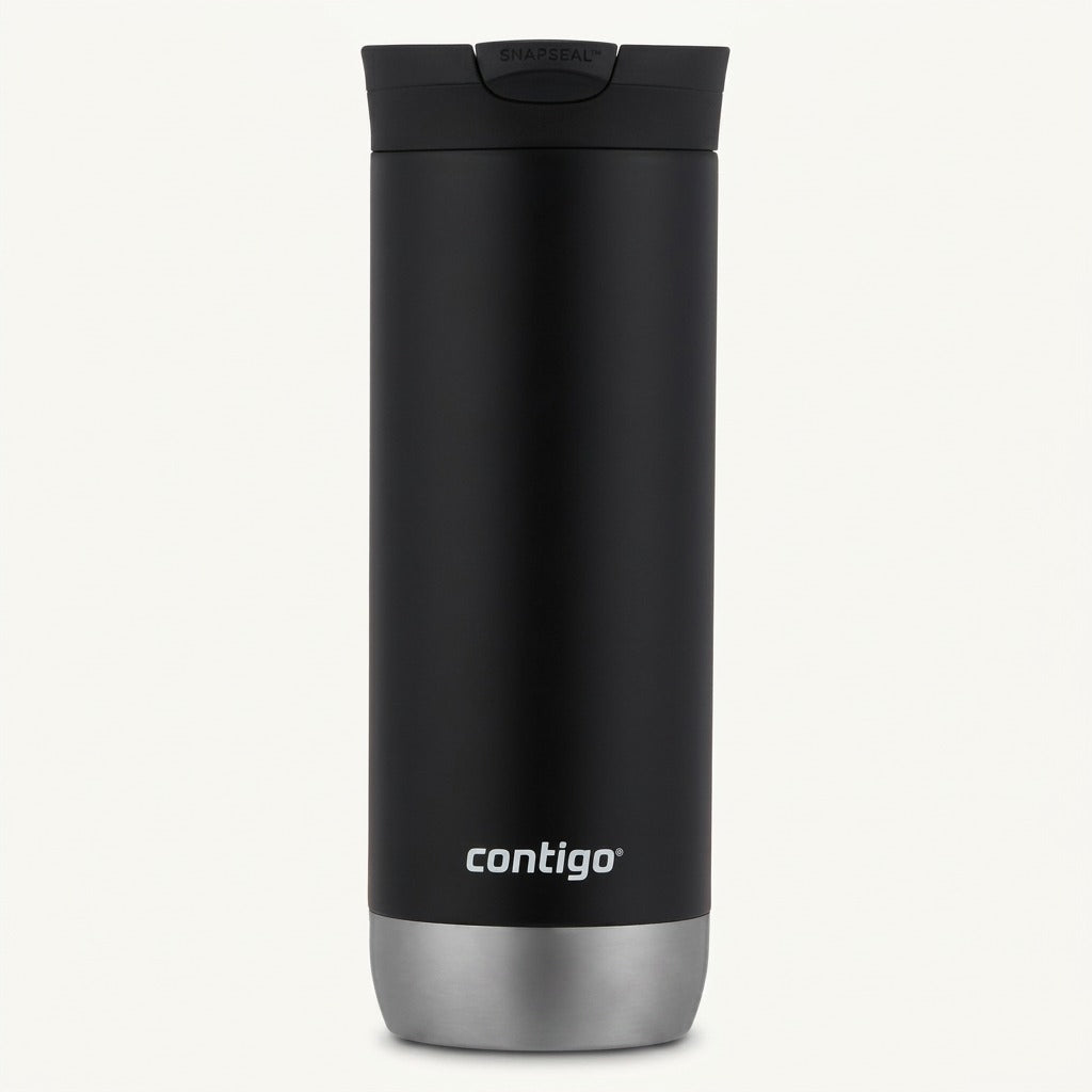 A high-resolution product shot of the 16oz Contigo Huron 2.0 SnapSeal Insulated Travel Tumbler in Licorice.