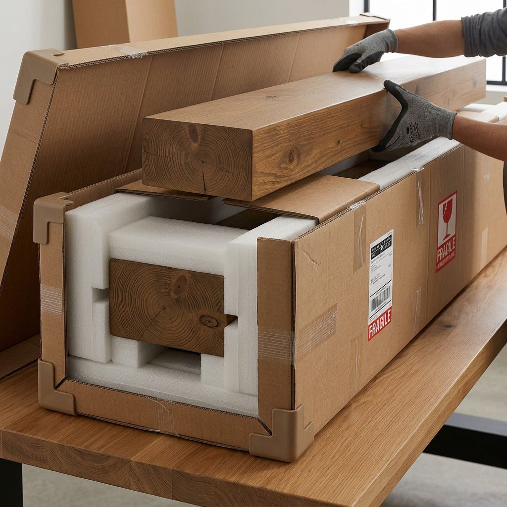 An open shipping box revealing a 60-inch whiskey brown beam mantel securely packed with custom foam.