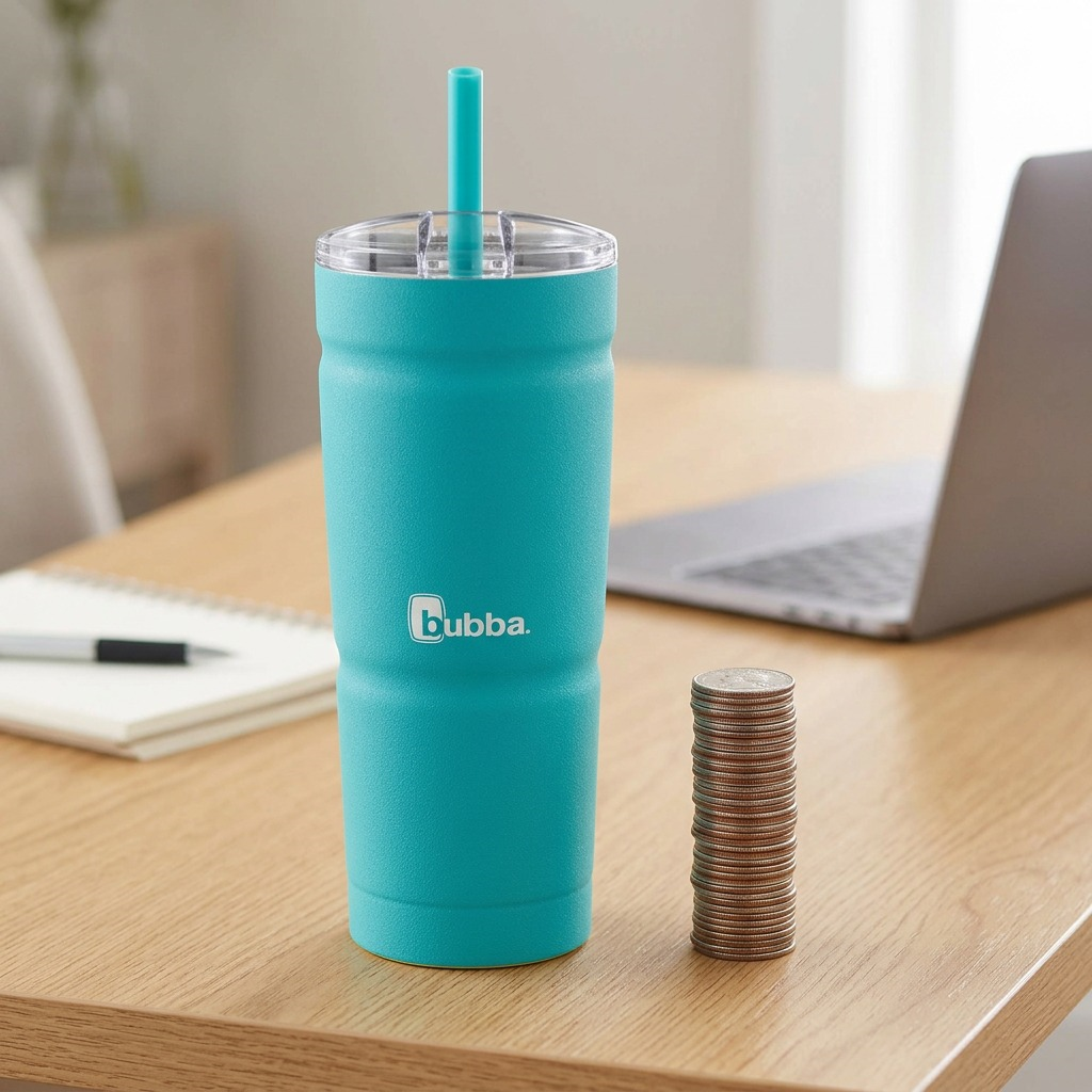 A lifestyle product photo comparing the 24oz Scuba blue Bubba tumbler and straw to a stack of US quarter coins for size reference.