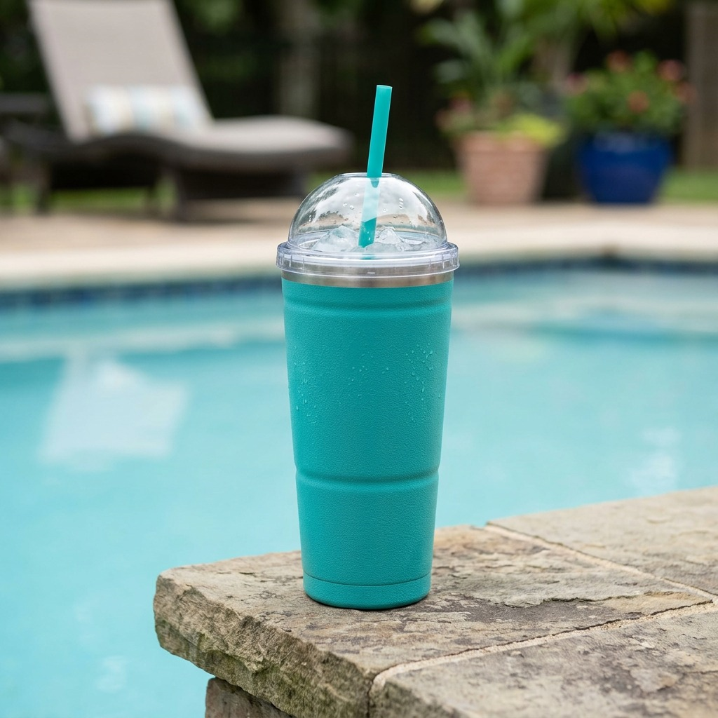 Lifestyle photo in neutral setting, natural light: bubba Envy S tumbler with straw, poolside.