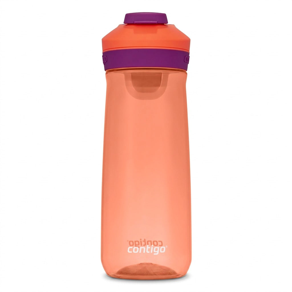 Pure, high-resolution front hero shot of the Contigo 20 oz Autoseal Casey water bottle (Coral/Grape) on white.