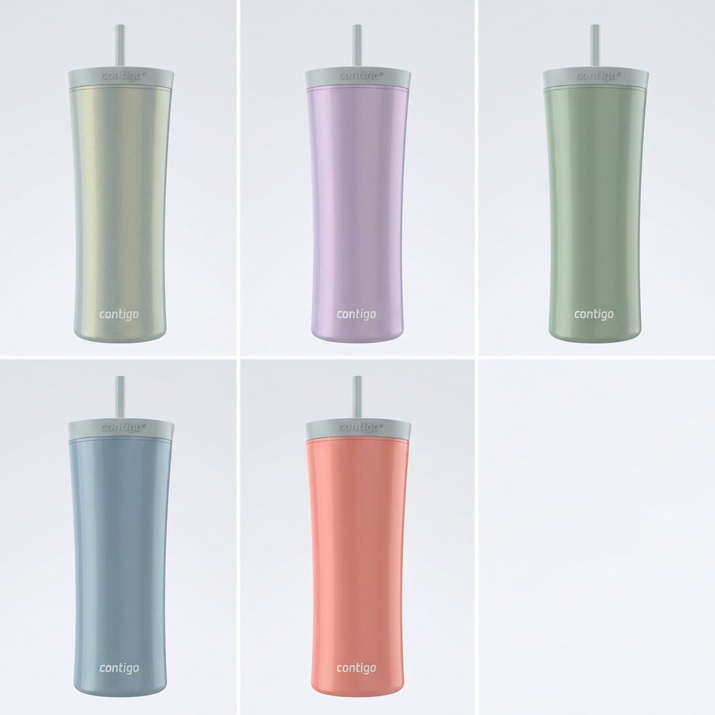A grid of five Contigo Shake & Go tumblers in distinct, premium pastel colors.