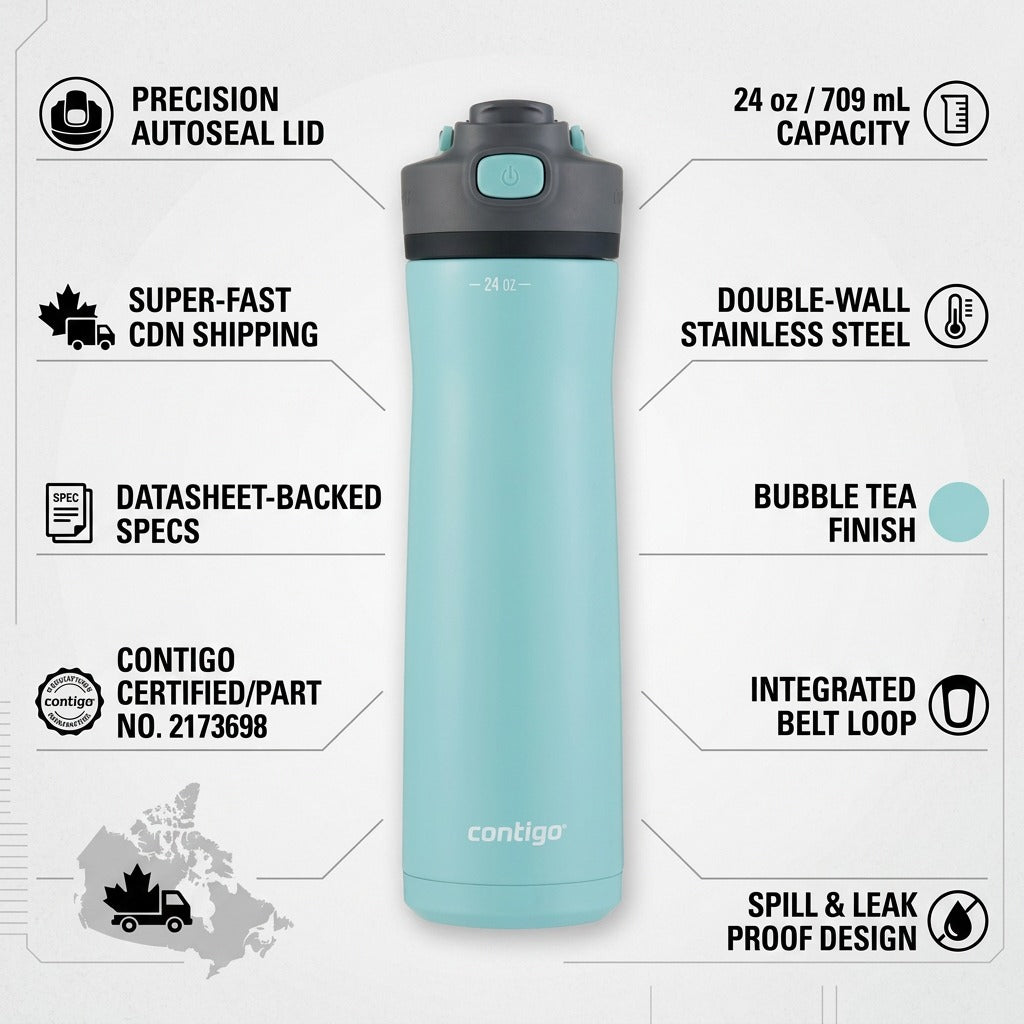 Contigo Cortland Chill 2.0 infograph: autoseal lid, 24oz, stainless steel, Bubble Tea finish, fast CDN shipping, verified specs, leak-proof.