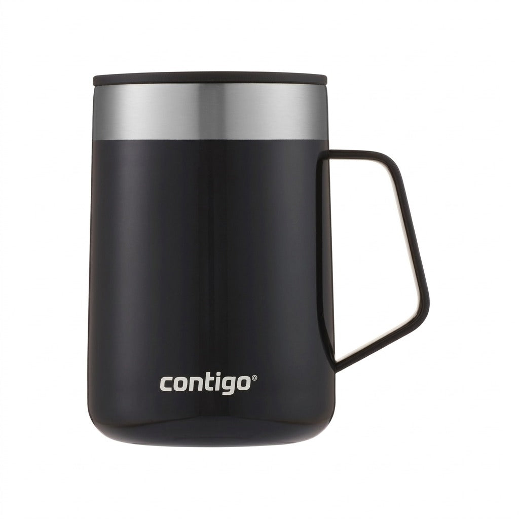 Contigo Streeterville mug, 14 oz, Licorice (Black/Steel), with handle, on pure white backgr. (Hero Shot)