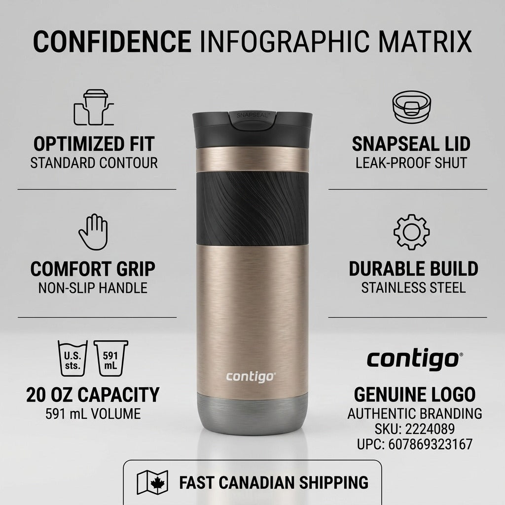 Factual confidence infographic for Contigo Byron 2.0 mug with key features and specs.
