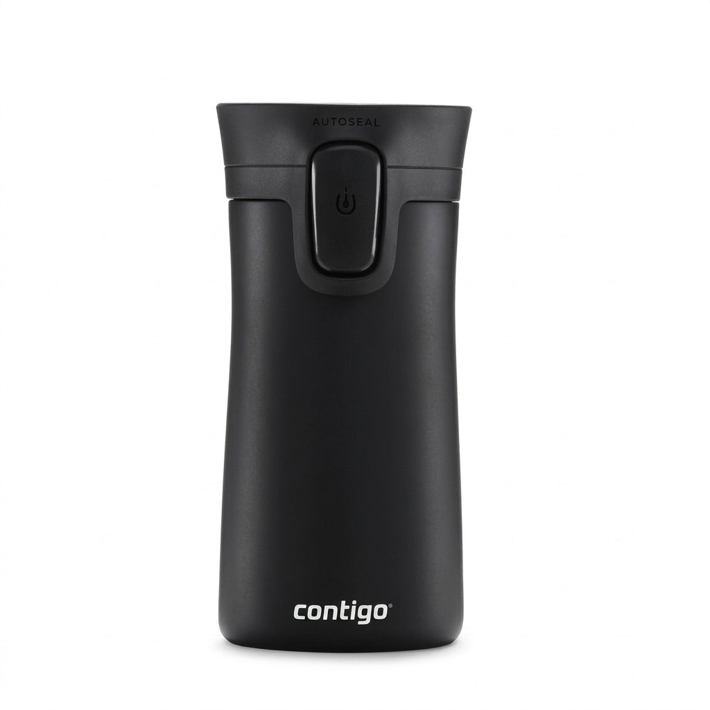 A high-resolution, centered view of the matte black Contigo AUTOSEAL travel mug against a clean background, focusing on its design, logo, and lid mechanism. (Placeholder description)