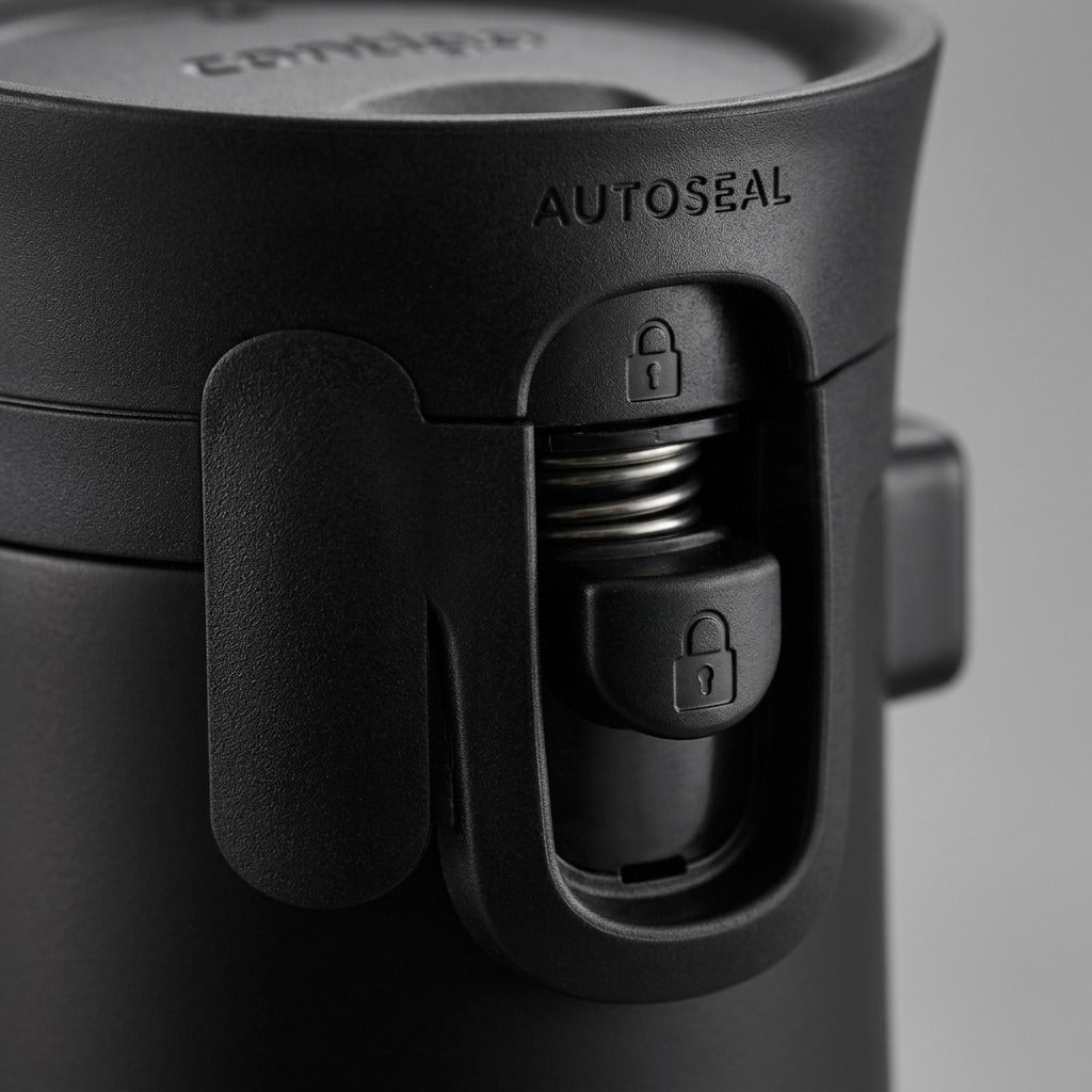 A macro-level photograph focused sharply on the Contigo AUTOSEAL button, showing its specific texture and locking symbol details.