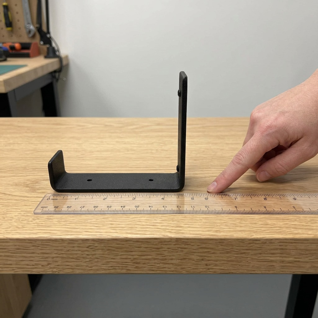 Black powder-coated 8" J-bracket on an oak surface with a ruler and hand for scale.