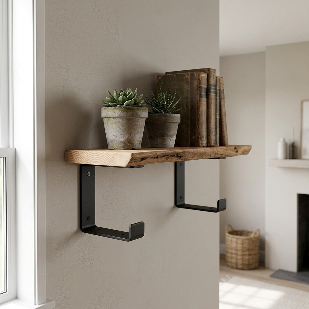 Two matte black J-style 8" brackets support a live-edge pine shelf in a neutral-designed living room.