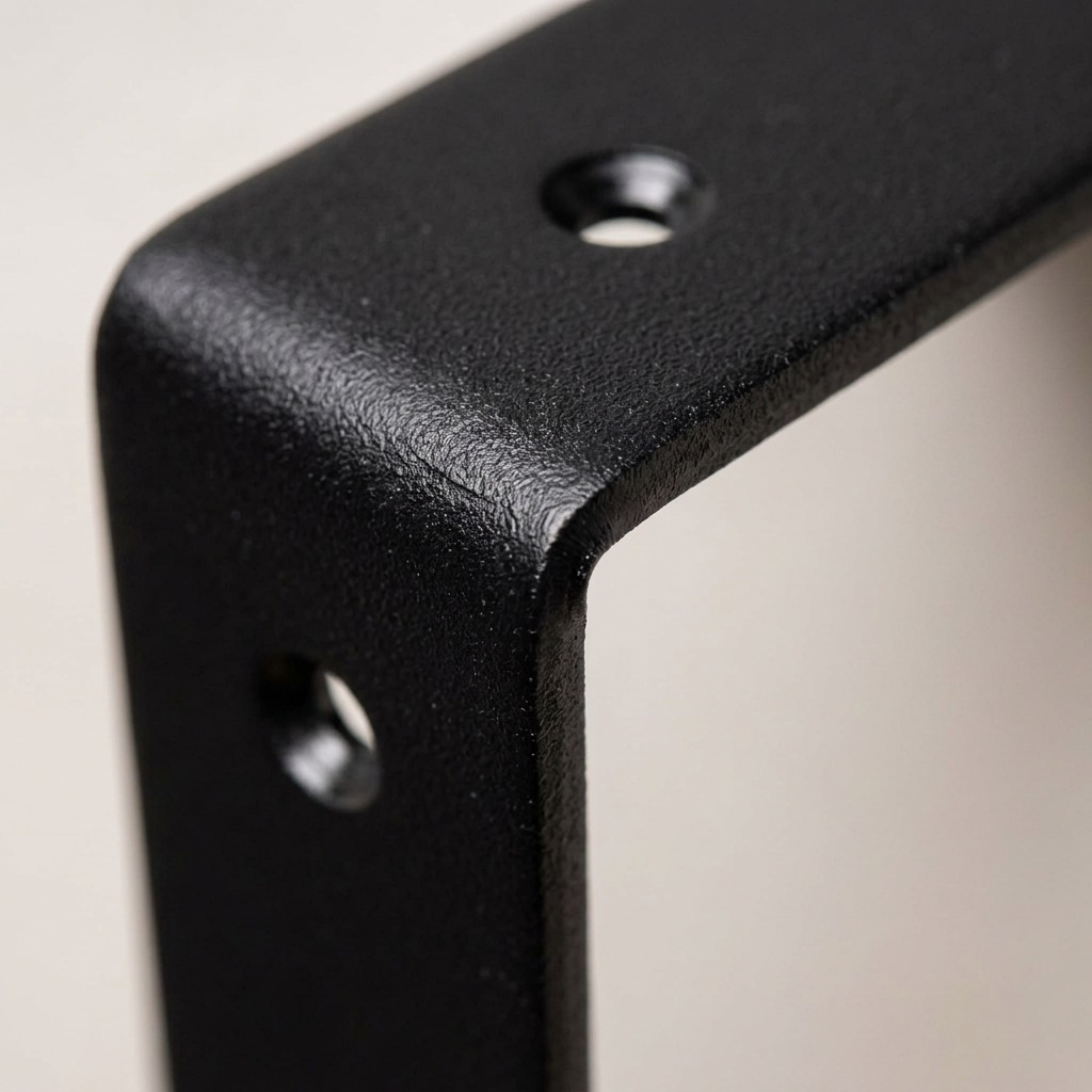 A macro photograph focusing on the corner bend of the black J-style bracket, showing texture and weld.