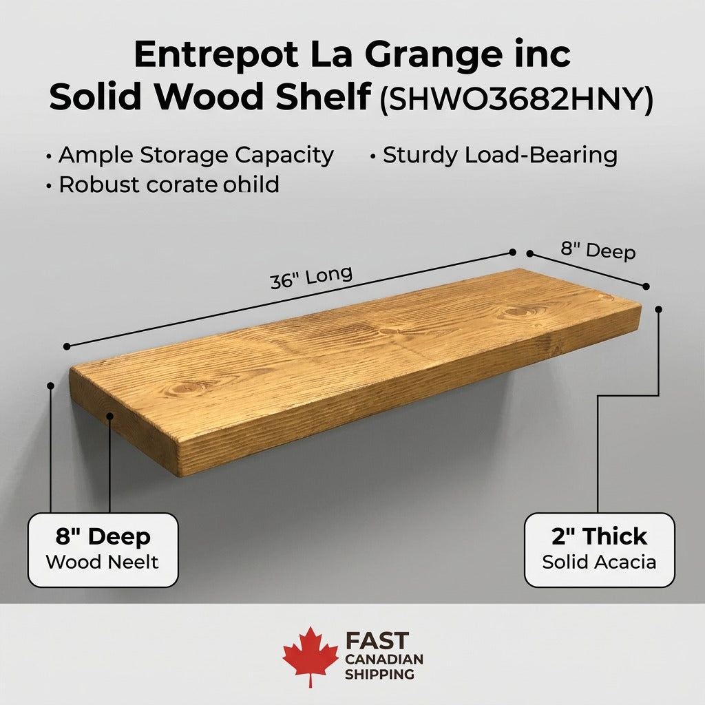 Feature graphic highlighting the 36"x8"x2" solid acoustic wood construction of the honey-finished shelf.