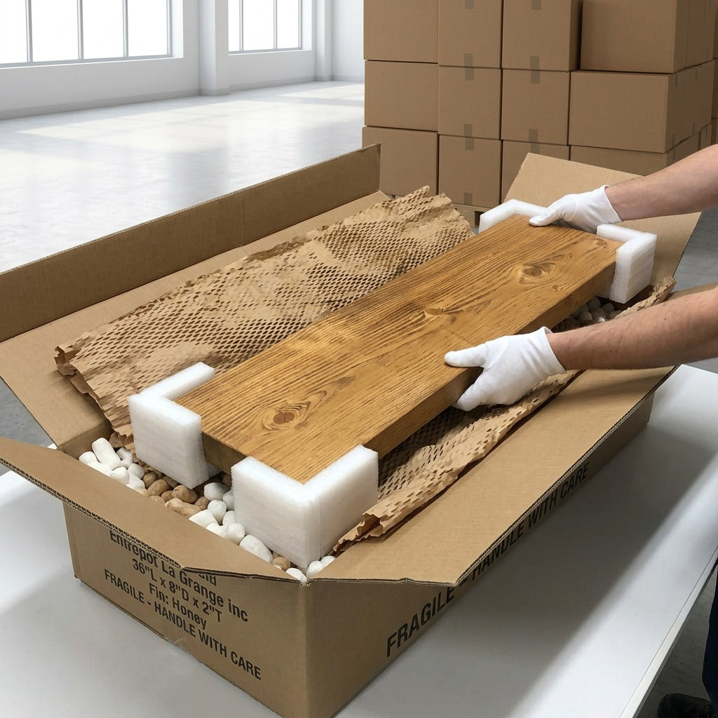 A premium unboxing scene for a honey-stained 36" solid wood shelf, nestled in protective foam with corner guards and visible void-fill material.