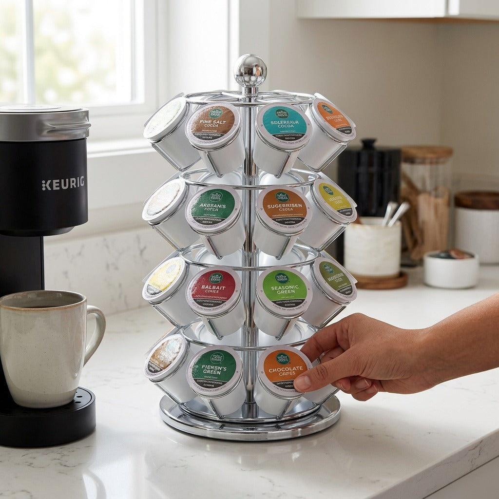 Person picking a pod from a chrome Keurig K-Cup rotating carousel on a kitchen counter.