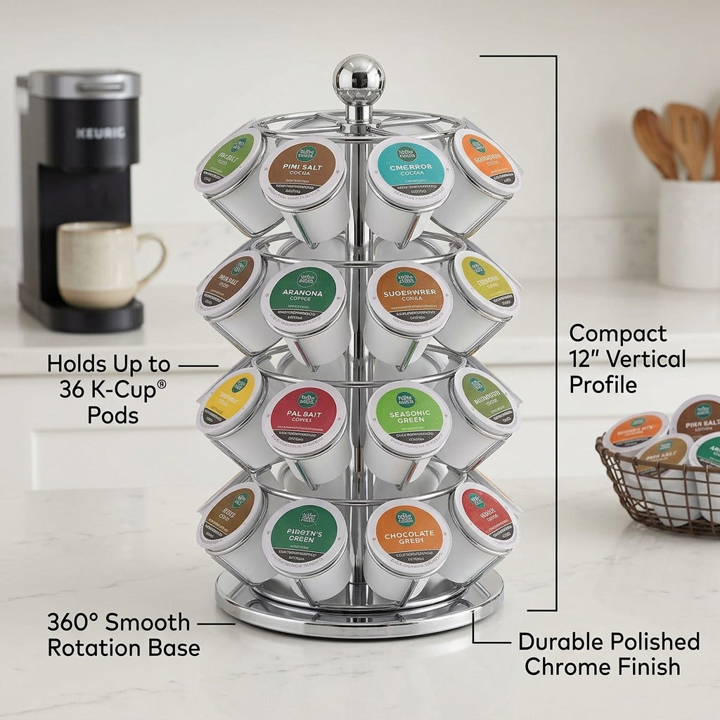 Chrome Keurig K-Cup Pod Carousel on a counter with feature callouts highlighting its 36-pod capacity.