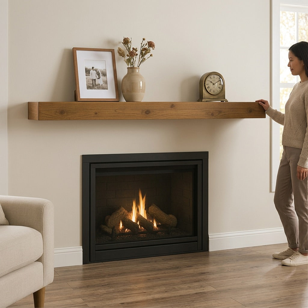Entrepot La Grange 60-inch whiskey brown floating fireplace mantel shown for scale next to a woman.