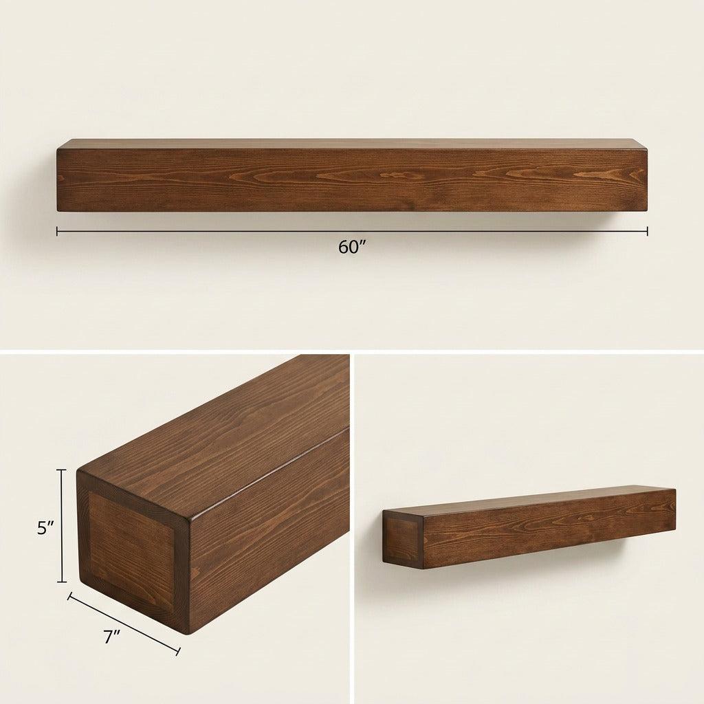 Entrepot La Grange 60" x 5" x 7" Whiskey Brown floating wood fireplace mantel dimensions.