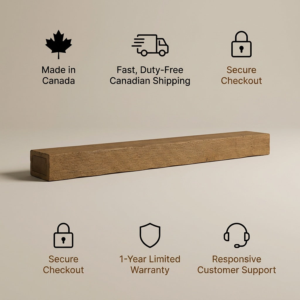 Entrepot La Grange floating wood fireplace mantel in Whiskey Brown with trust and warranty icons.
