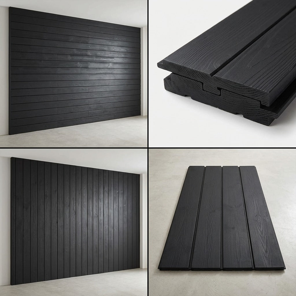 Entrepot La Grange black pine wall paneling grid showing horizontal, vertical, joint, and plank views