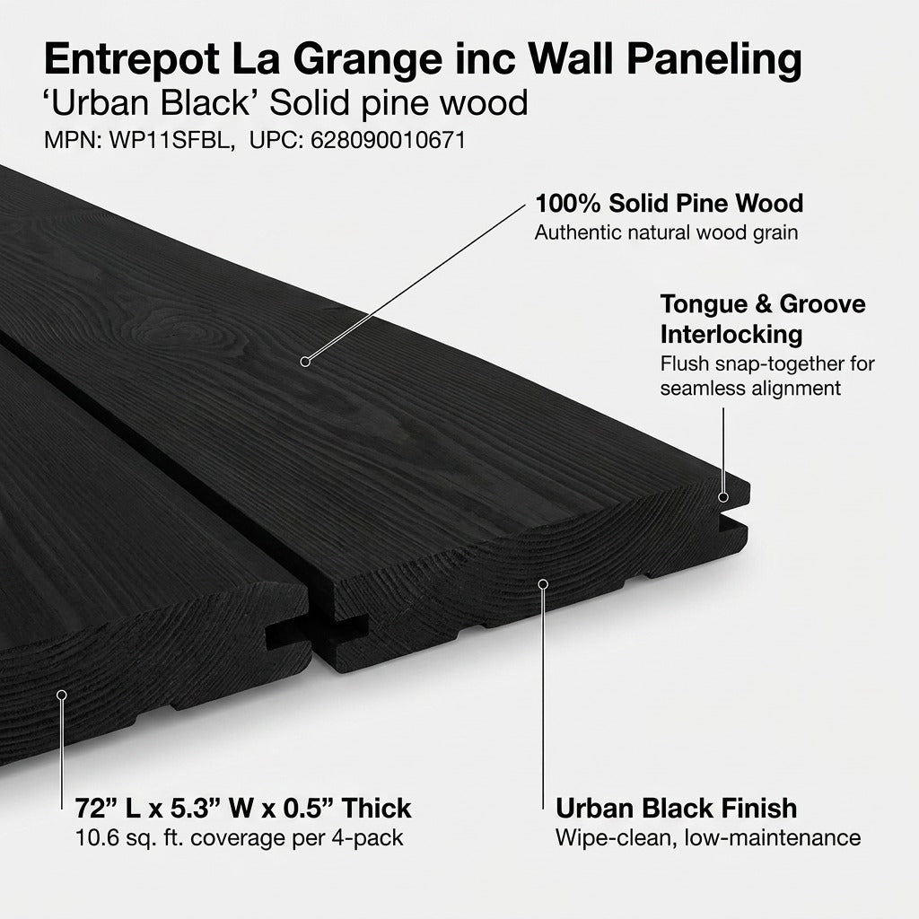 Feature diagram of Entrepot La Grange Urban Black pine wall paneling showing tongue and groove joint.