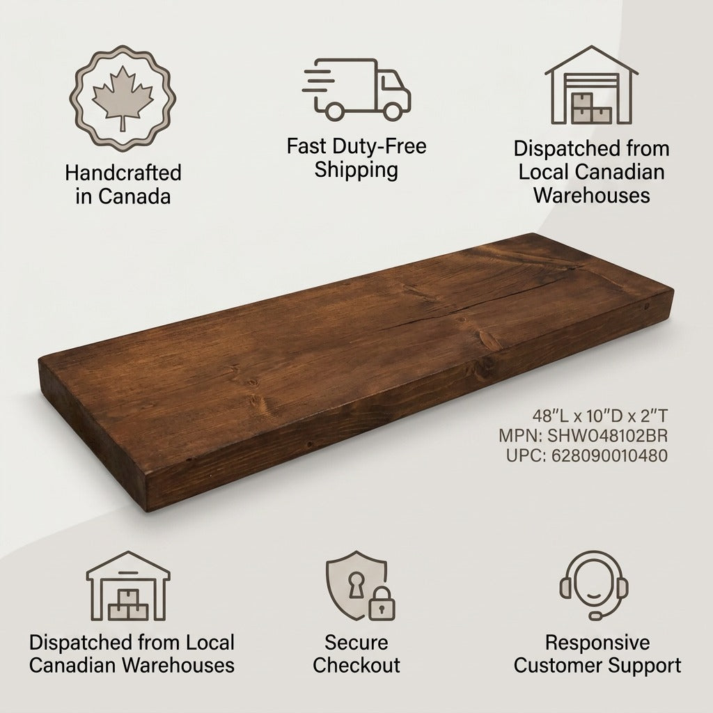 Entrepot La Grange Whiskey Brown solid wood shelf with Canadian trust and shipping badges.