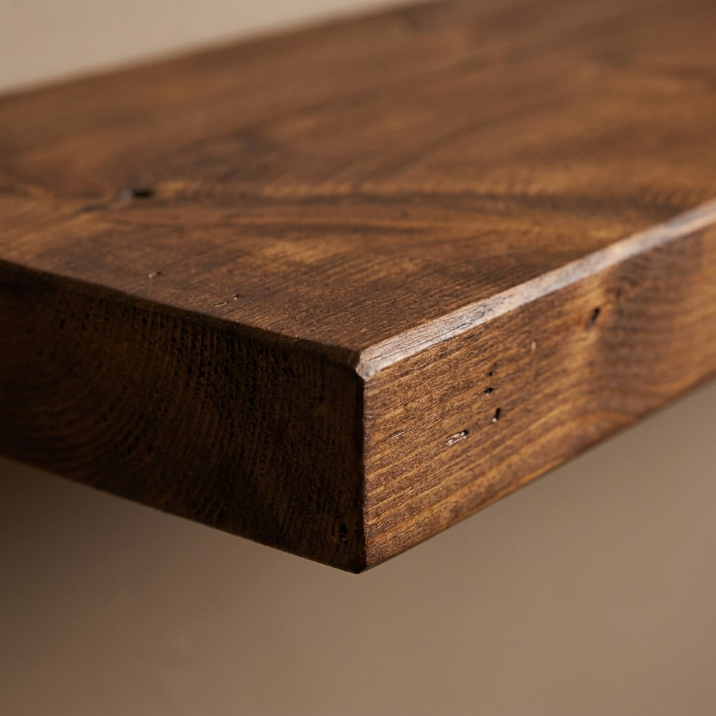 Close-up of Entrepot La Grange solid wood wall shelf corner showing rich Whiskey Brown grain.