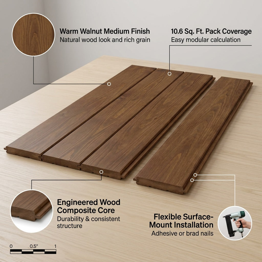 Entrepot La Grange Walnut Medium wall paneling planks with feature callouts highlighting texture and core.