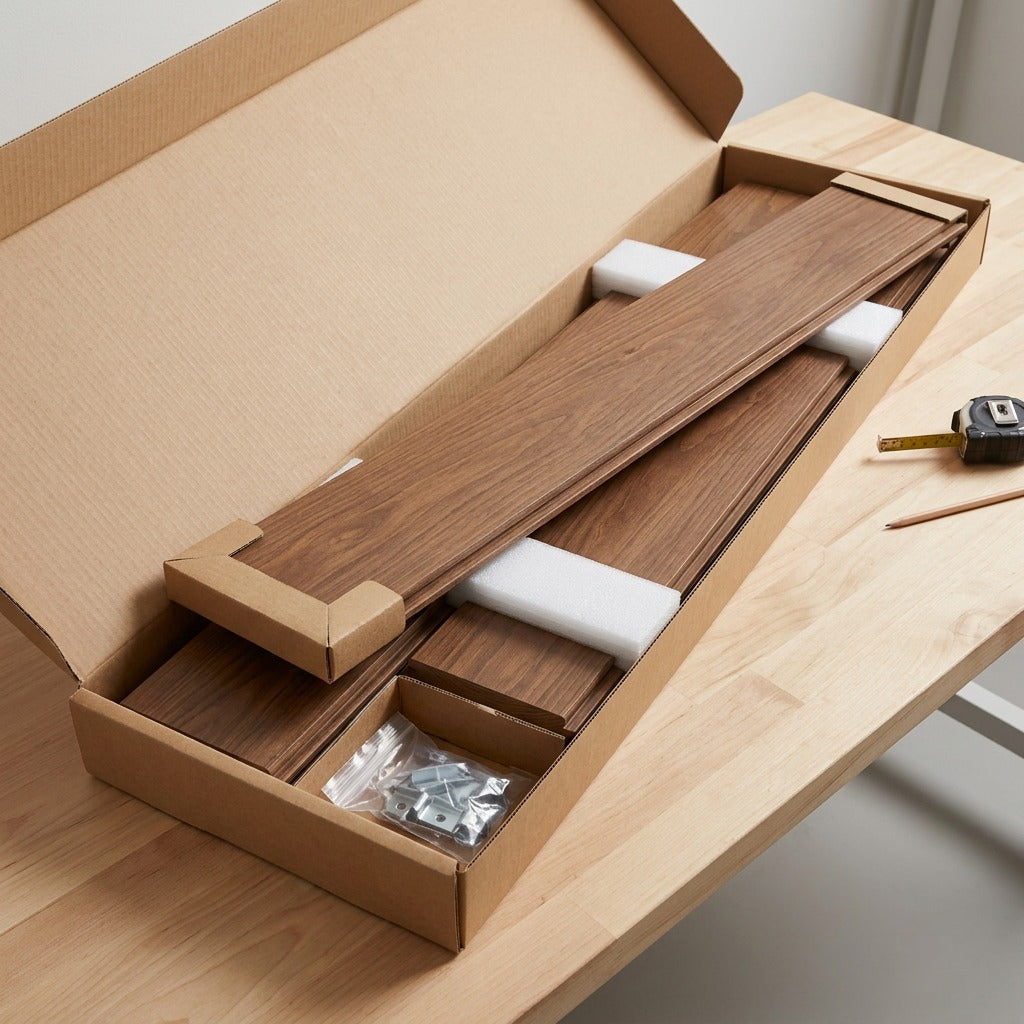 Open box with Entrepot La Grange Walnut Medium wall panels, foam padding, and hardware.