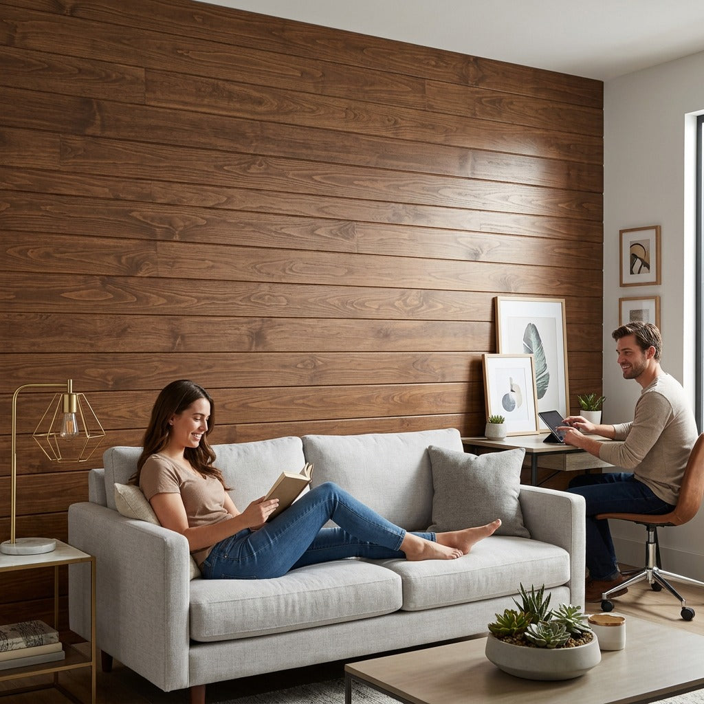 Couple relaxing in a modern living room featuring an Entrepot La Grange Walnut Medium wood accent wall.