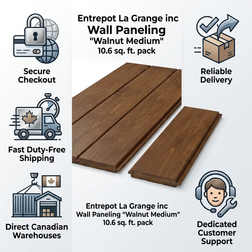 Entrepot La Grange Walnut Medium wood wall paneling with shipping and service feature icons.