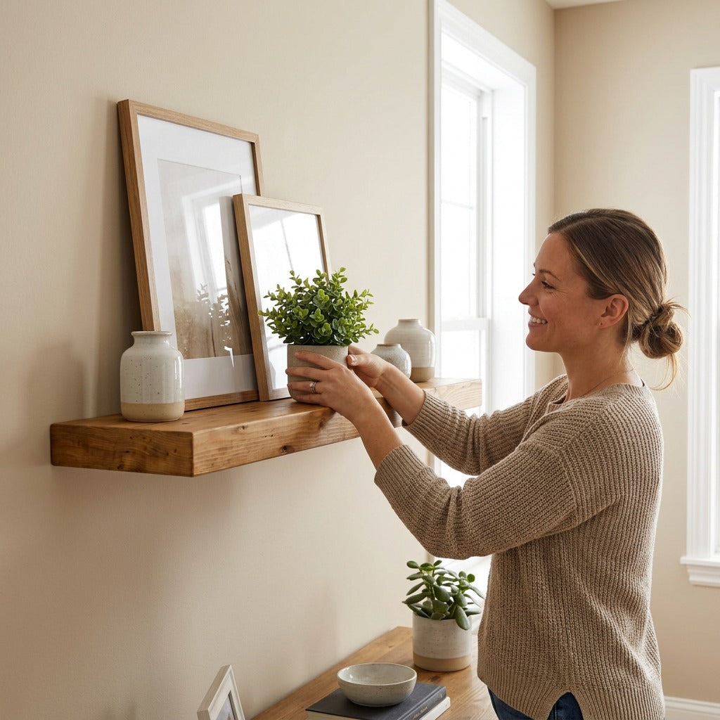 Woman styling an Entrepot La Grange inc honey solid pine wood wall shelf with frames and a plant.