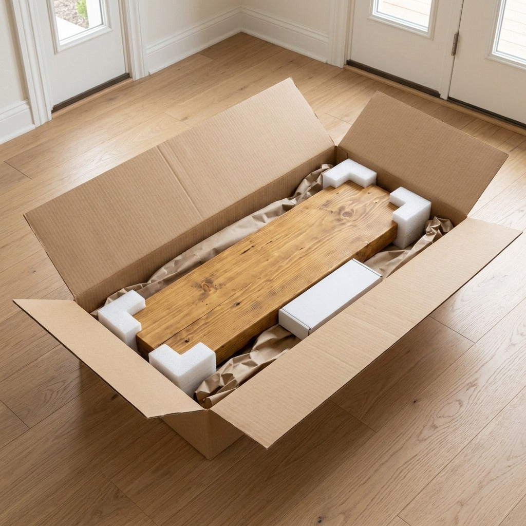 Entrepot La Grange honey solid wood shelf securely packed in shipping box with corner foam protectors.