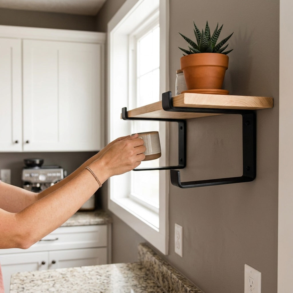 Entrepot La Grange inc matte black steel J-brackets supporting a wood wall shelf with a potted plant.