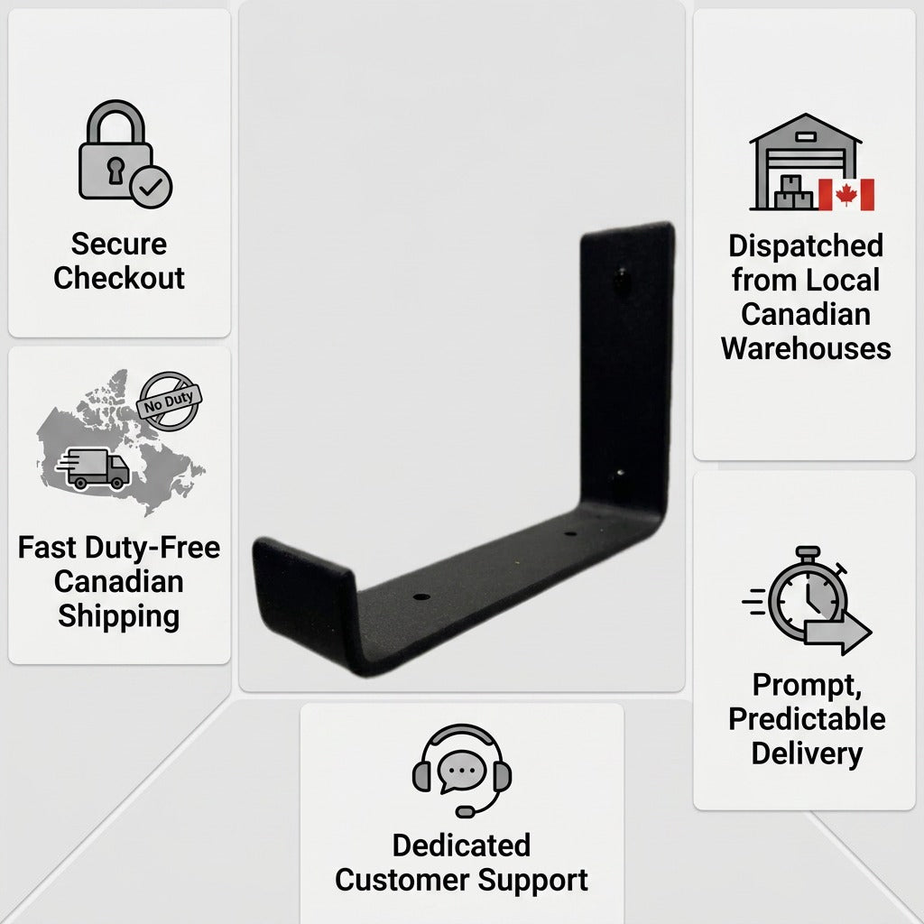 Matte black Entrepot La Grange 6-inch J-style shelf bracket surrounded by service benefit icons.