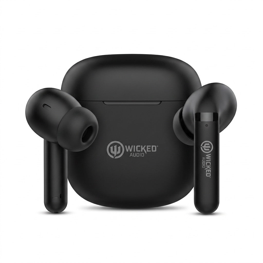 Wicked Audio Mojo 500 true wireless black earbuds standing beside their matching charging case.