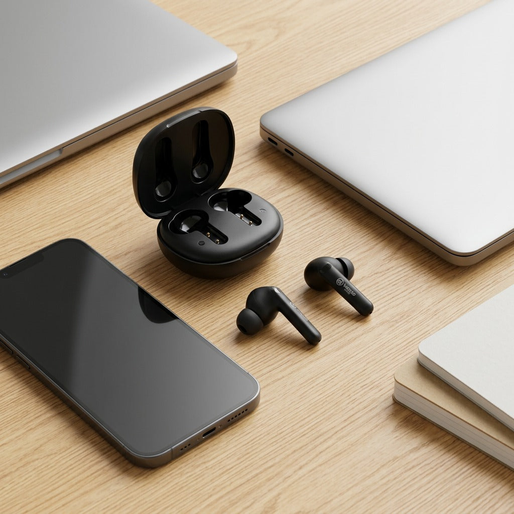 Black Wicked Audio Mojo 500 earbuds and charging case on a desk next to a smartphone and laptop.