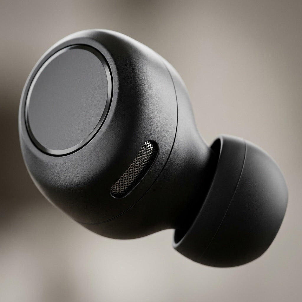 Macro view of Wicked Audio Mojo 500 TWS black earbud showing touch sensor, mesh grille, and ear tip.