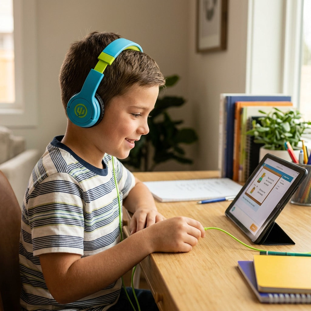 Child wearing Wicked Audio Rad Rascal blue and slime wired headphones while using a tablet at a desk