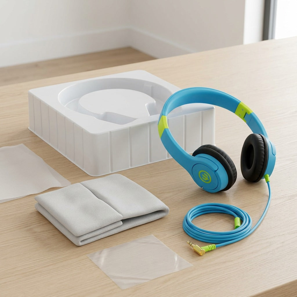 Wicked Audio Rad Rascal blue and slime green kids headphones unboxed beside protective packaging.