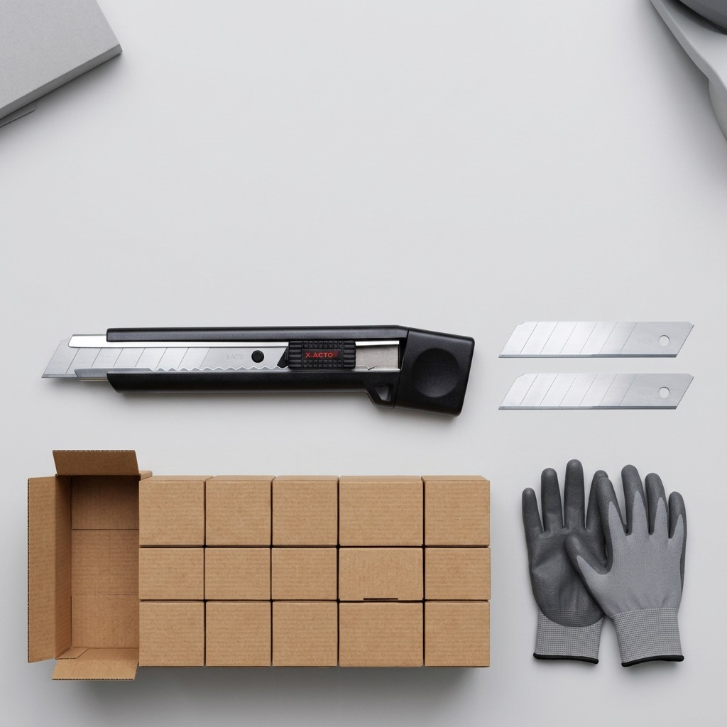 X-ACTO heavy-duty snap-off utility knife shown for scale next to work gloves and cardboard boxes.