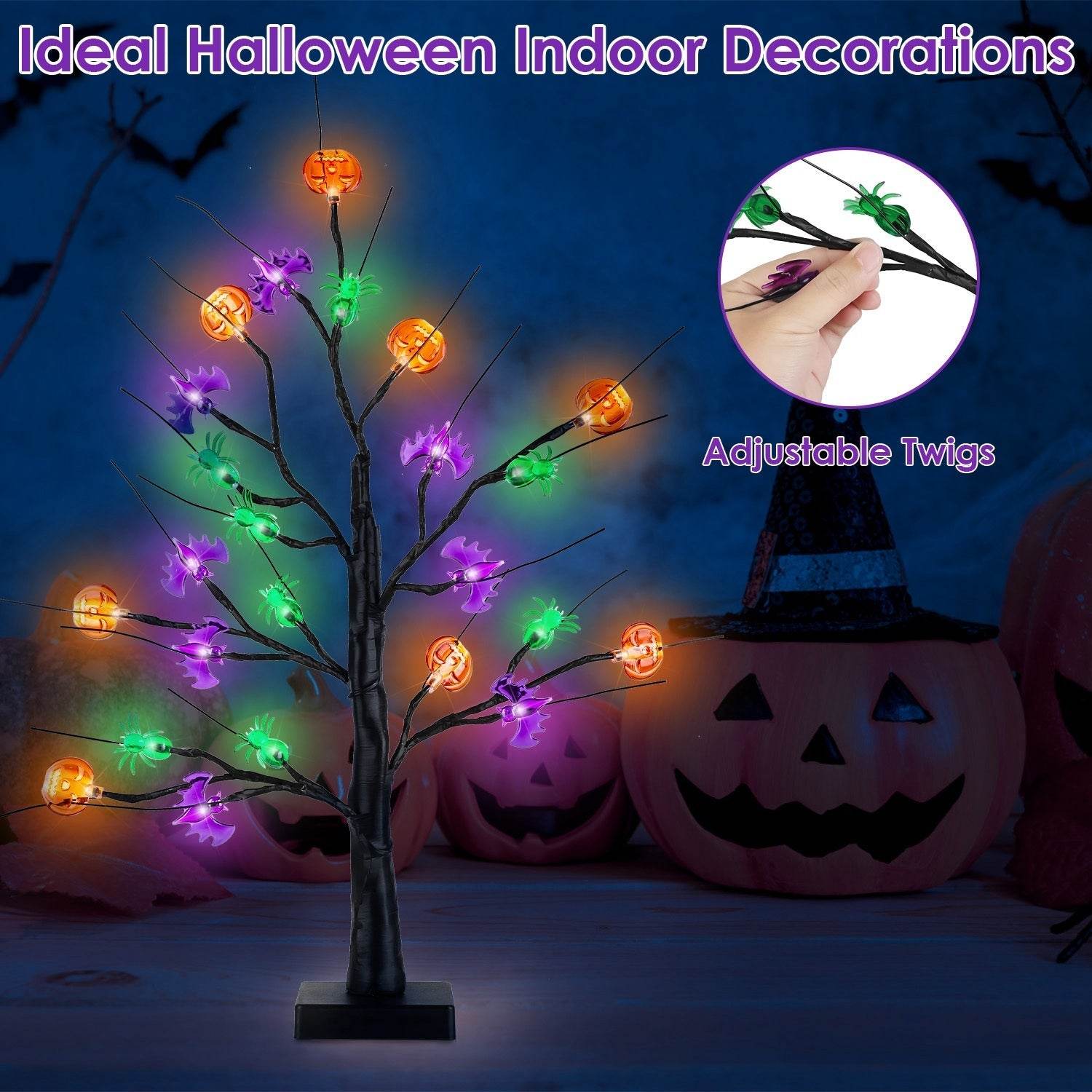 2Pack 1.97FT Lighted Halloween Trees Halloween Indoor Decorations Black Halloween Tree Lights With Timer Adjustable Twigs For Tabletop Party