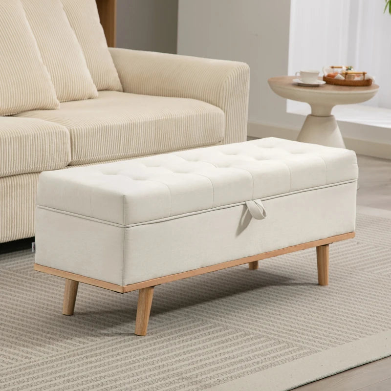 Storage Ottoman Bench, Foot Rest with Lift-Up Lid and Wood Legs, Linen Storage Chest for Living Room, Cream White